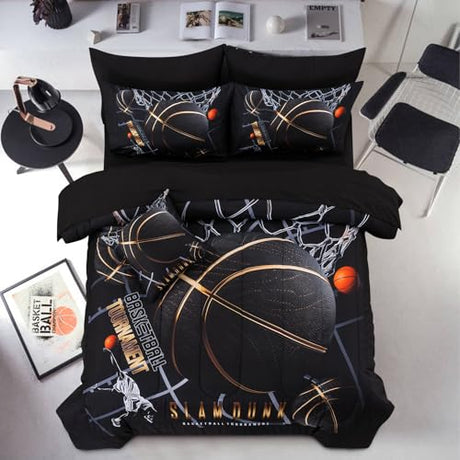 A Nice Night Comforter Set,6 Piece Bed-in-a-Bag with Comforter & Sheet Sets,Basketball Court with Sportsman Slam Dunk Printing for Kids Teen Boys,Queen A Nice Night