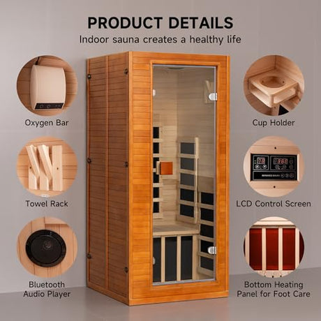 RESTISLAND Full Spectrum Infrared Sauna, 1 Person Home Infrared Sauna with Red Light Therapy, Indoor Canadian Hemlock Wood Dry Saunas Room,1178w/120v, Foot Warmer, 7 Heating Panels, Bluetooth Speakers RESTISLAND