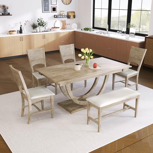 LUMISOL Dining Table Set for 6, Wood Half Round Dining Table Set with Long Bench and 4 Upholstered Chairs Solid Wood Dining Table Set, Modern Kitchen Table Set for 6 Persons, Natural - WoodArtSupply