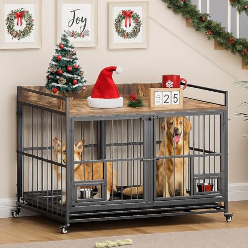 YITAHOME 37.5'' Heavy Duty Dog Crate with Removable Divider, Double Doors & Locks Design, Furniture Style Large Dog Crate with 360° Rotatable Dog Bowls & 360° Wheels & 2 Trays for Small/Medium Dog YITAHOME