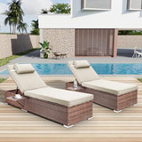 Rophefx Outdoor PE Wicker Patio Lounge Chairs Set of 2, Outside Rattan Pool Lounge Chair with Cup Holder & Adjustable Backrest, Brown Rattan Recliners for Poolside Deck Beach Yard (Beige Cushions)