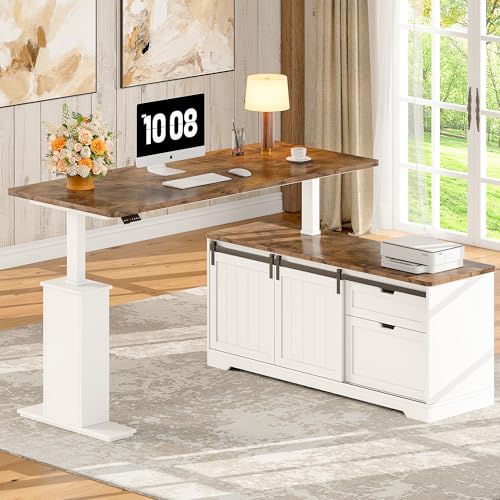Whalefall L Shaped Standing Desk with Drawers, Height Adjustable Farmhouse Executive Computer Desk, Corner Desk with Cable Management and File Storage for Home Office, White Whalefall