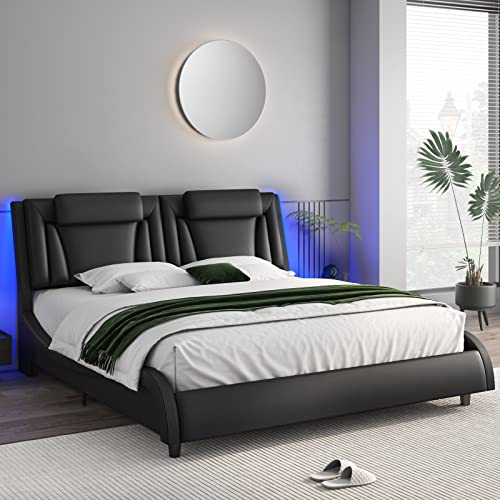 Keyluv LED Upholstered King Bed Frame with Adjustable Headboard and Wave-Like Design in Black - WoodArtSupply