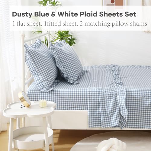 K MASANIJI Dust Blue White Plaid Ruffle Sheets Twin Size 4-Piece Set, 300TC 100% Yarn Dyed Cotton Sheets18 in Deep Pocket Preppy Gingham Sheets Decorative Bedding (Dust Blue/White Plaid, Twin) K MASANIJI