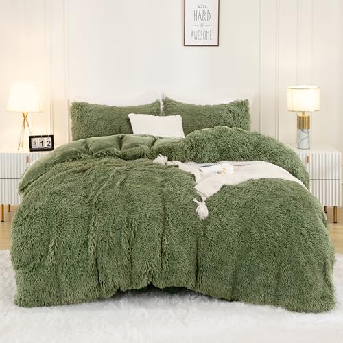 Andency Faux Fur Sage Green Comforter Set Queen Size, 3 Pieces Fluffy Fuzzy Plush Bedding Comforter Set (1 Shaggy Velvet Comforter & 2 Pillowcases), Soft Puffy Comfy Down Comforter Bedding Set
