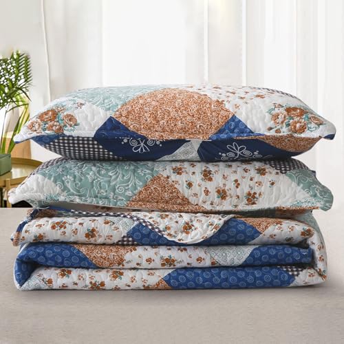 Dinjoy Reversible Patchwork Quilt Bedding Set Full Size Blue Green Grey Plaid Floral Pattern Bedspread Set Soft Microfiber Coverlets Bed Set 3 Pieces Spring Summer Fall Use (78x90 inches) Dinjoy