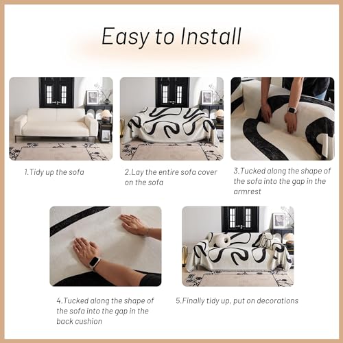 MYSKY HOME Boho Couch Cover Super Soft Couch Covers for 2-3 Cushion Couch Sofa, Modern Black Jacquard Sofa Slipcover Loveseat Futon Cover, Couch Covers for Sectional Sofa, 71" x 118", Black Curve