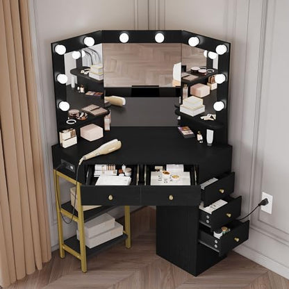 DWVO Makeup Vanity Desk w/Hollywood Bulbs Mirror & Power Outlet, 43" L Shaped Black Vanity Set 3 Color Lighting Mode Adjustable Brightness＆ 6 Drawers, Shelves, Corner Vanity Table w/Bench for Girl