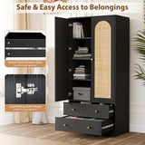 VINGLI Rattan Wardrobe Closet, Armoire Closet with Drawers & Hanging Rod, Armoire with Shelves and Doors, Wooden Wardrobe for Hanging Clothes, Black, 68.9" H VINGLI