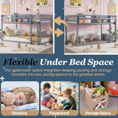Duxelifin Twin Low Bunk Beds for Kids, Wooden Bunk Bed Frame Twin Over Twin, Convertible Floor Bunk Bed with Storage Shelf & Ladder, No Box Spring Needed (Grey) Duxelifin