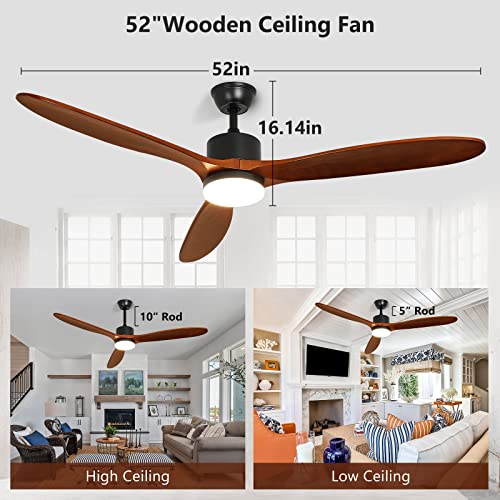 Depuley 52" Ceiling Fan with Lights Remote Control, Indoor Outdoor Ceiling Fan with 3 Solid Rubber Wood Blade, Noiseless AC Motor Wood Ceiling Fan for Living Room, Bedroom, Patio, Timer