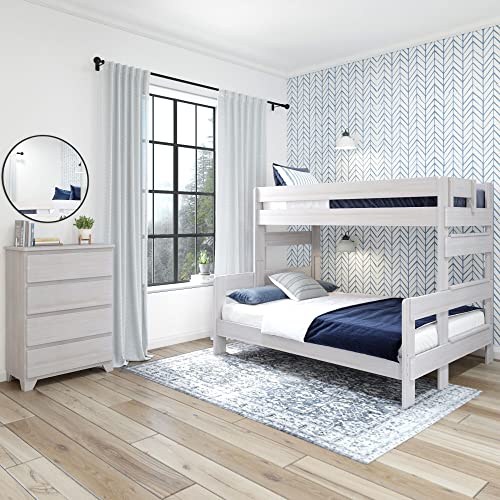 Plank+Beam Rustic Wood Bunk Bed, Solid Wood Twin XL-Over-Queen Bed Frame, Heavy-Duty Bunk Bed for Adults, No Box Spring Needed, White Wash Plank+Beam