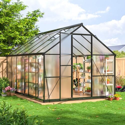 AirWire 12x8 FT Greenhouse for Outdoors, Quick Setup Polycarbonate Greenhouse with Roof Vent, Aluminum Large Walk-in Greenhouse for Outside Garden Backyard, Black