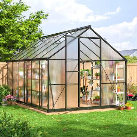 AirWire 12x8 FT Greenhouse for Outdoors, Quick Setup Polycarbonate Greenhouse with Roof Vent, Aluminum Large Walk-in Greenhouse for Outside Garden Backyard, Black AirWire