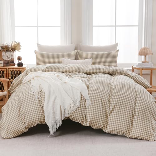 YHJWW Brown Gingham Duvet Cover Bedding Set Prewashed Extra Soft Comfy Breathable 3 Piece Plaid Checkered Grid Vintage Comforter Cover Set Cute Aesthetic (King 104"x90", No Comforter) YHJWW