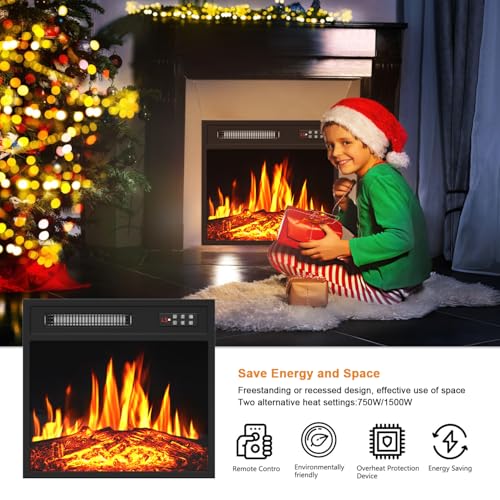 PRETZI 18" Electric Fireplace Insert, Recessed Fireplace Heater with 8H Timer, Remote & Control Panel, Fireplace Insert for TV Stand with Adjustable LED Realistic Flame, 750/1500W PRETZI