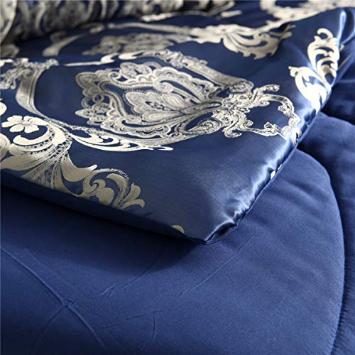 Raytrue-X Comforter Set Satin Silk Blanket All Season Bed Luxury Royal Blue Jacquard Quilt Bedding Sets Matching 2 Pillow Shams (Full/Queen, 88x88 inches, 3 Pieces) Raytrue-X