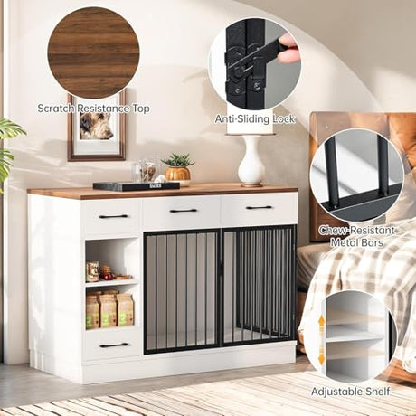 47.2" Dog Crate Furniture with Storage Drawers & Hidden Bowl, Wooden Indoor Kennel with Shelf & 2 Doors, Pet Cage for Small/Medium Dogs LotaTools