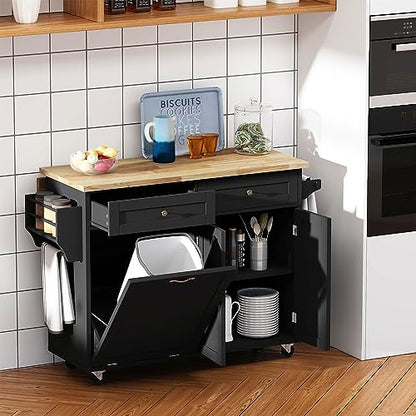 Fingertip WD Rolling Kitchen Island with Drop Leaf - Kitchen Trash Cabinet Tilt Out 10 Gallon Storage, Storage Islands Movable Carts with Rubberwood Top, Spice Rack and Drawers for Dining Room(Black)