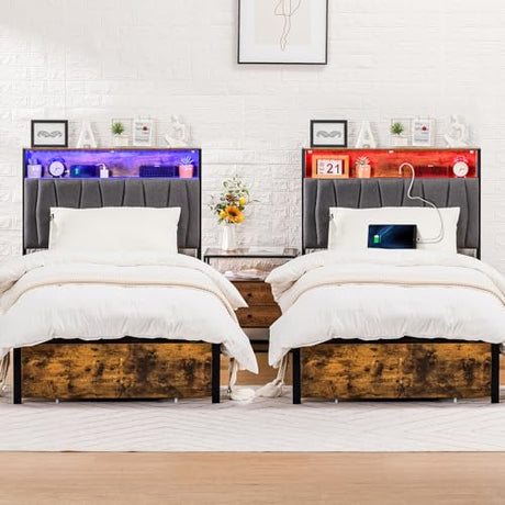 COMHOMA Twin Size Platform Bed Frame with LED Lights and Charging Station, Storage Headboard and Footboard Drawers, No Box Spring Needed, Rustic Wood Look COMHOMA