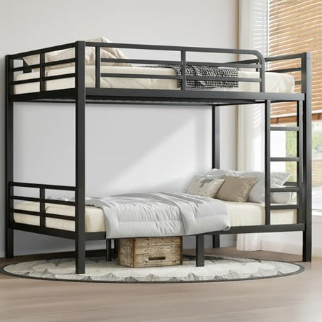 XUWANSHANG Full Over Full Bunk Bed Frame, Heavy Duty Metal Loft Bed for Adults/Teens, 350/500LB Capacity w/Ladder & Guardrail, Noise-Free Steel Slats, No Box Spring Required, Black XUWANSHANG