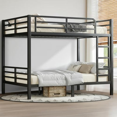 XUWANSHANG Full Over Full Bunk Bed Frame, Heavy Duty Metal Loft Bed for Adults/Teens, 350/500LB Capacity w/Ladder & Guardrail, Noise-Free Steel Slats, No Box Spring Required, Black