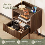 Huuger Nightstand with Charging Station, USB-C Port, Fluted Night Stand Set of 2, Bed Side Table with Drawer, Solid Wood Feet, Open Storage, End Table with Raised Edge, for Bedroom, Walnut Huuger