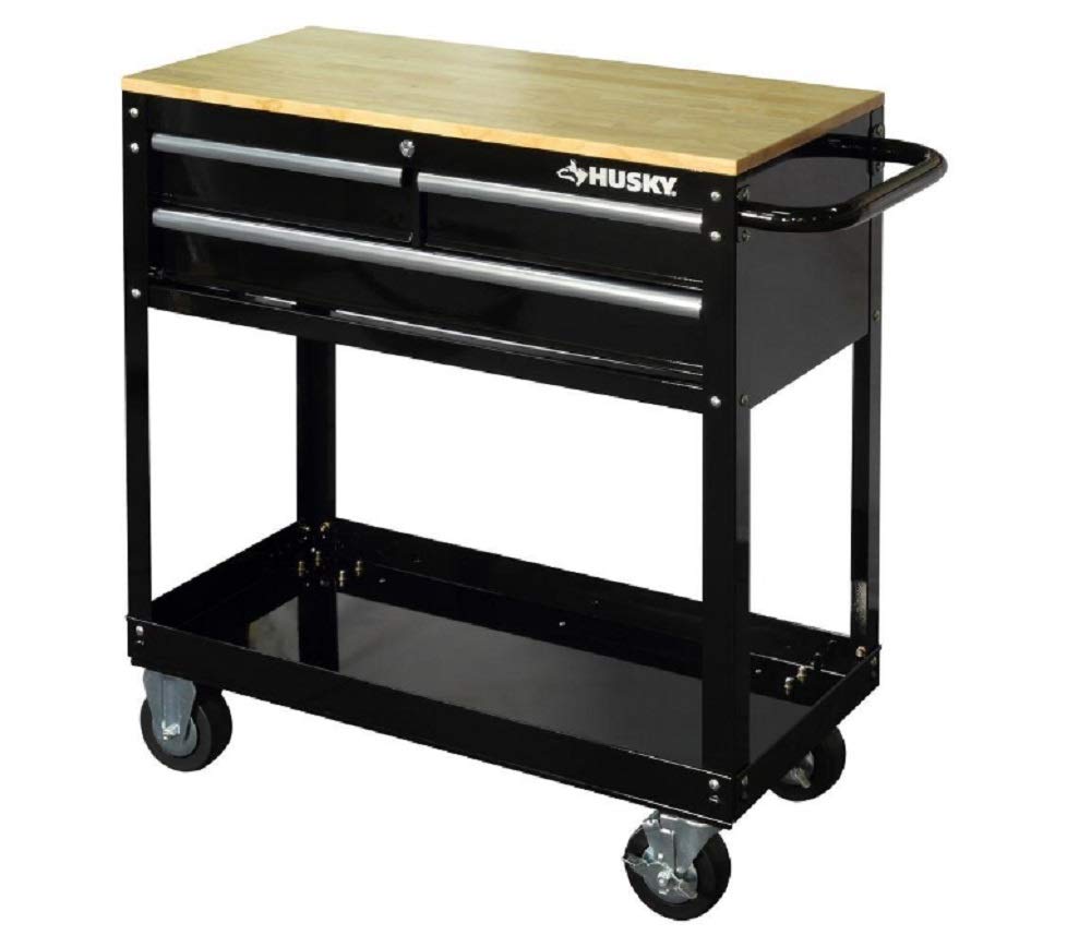 Husky 36 in. 3-Drawer Rolling Tool Cart with Wood Top, Black Husky