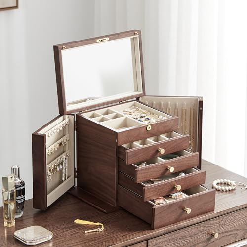 CHOSIN Black Walnut Wooden Jewelry Box for Women Classical Wooden with Two Side Doors 5-Layer with Mirror 5 Big Drawers Watch Necklace Ring Earring CHOSIN