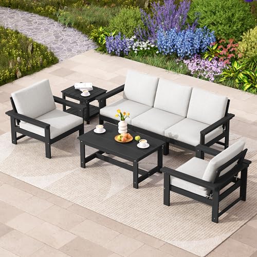 SERWALL HDPE Outdoor Patio Furniture Set, 7-Piece Outdoor Sectional Patio Conversation Set, All Weather Outdoor Couch Set Patio Sofa Set for Deck, Lawn, Black Frame with Khaki Cushion SERWALL