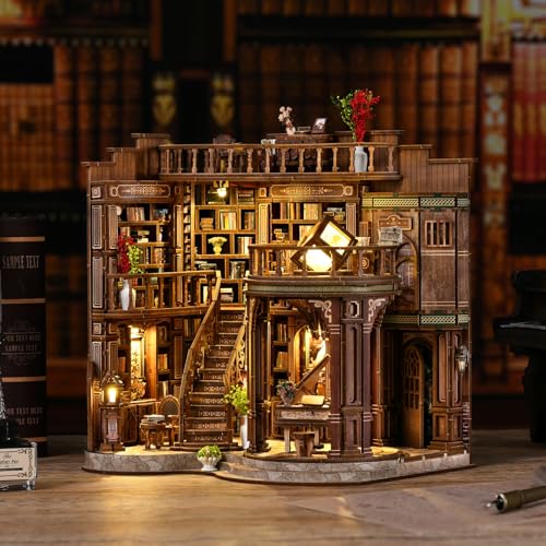 DIY Miniature House Kit, Book Nook Kit, 3D Wooden Puzzles Bookshelf Craft Kits, Dollhouse Kit with LED Light, Mini Building Kit for Adults Teen to Build (Dreamy Book Hall)
