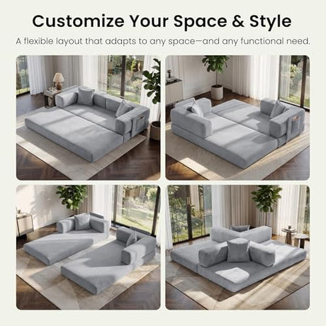 CUBENTE 78.8" Convertible Futon Sofa Bed,Corduroy Futon Couch with Storage Pocket,Folding Pull Out Sofa,No Assembly Boneless Couch for Living Room,Grey CUBENTE