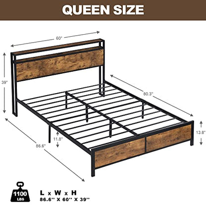 Prohon Queen Size Bed Frame with LED Lights, USB Charging Ports & Storage in Antique Brown - WoodArtSupply