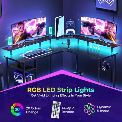 Rolanstar L Shaped Gaming Desk with LED Lights & Power Outlets, 46.2" Computer Desk with Full Monitor Stand & Storage Shelf, Corner Desk with Hooks, Black Desk Reversible Rolanstar
