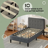 GORELAX Upholstered Twin Bed Frame with Headboard, Solid Wood Slat Support Mattress Foundation, No Box Spring Needed & Easy Assembly, Under Bed Storage, 16 inch Tall Platform Single Bed Frame (Grey) GORELAX