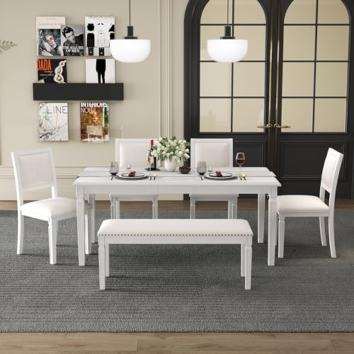 Hlcodca 6-Piece Extendable Dining Table Set with 4 Chairs & Bench, 59 to 72-Inch Rustic Farmhouse Kitchen Table Set with Distressed Finish and Retro Carved Legs (Beige+White Washed) Hlcodca
