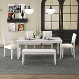 Hlcodca 6-Piece Extendable Dining Table Set with 4 Chairs & Bench, 59 to 72-Inch Rustic Farmhouse Kitchen Table Set with Distressed Finish and Retro Carved Legs (Beige+White Washed) Hlcodca