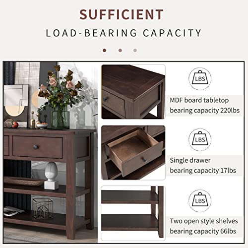 Bellemave Solid Wood Console Table with Drawers, Retro Entryway Table with 3 Drawers and 2 Open Storage Shelves, Narrow Long Sofa Table, Behind Couch Table for Living Room, Foyer and Hallway, Espresso Bellemave