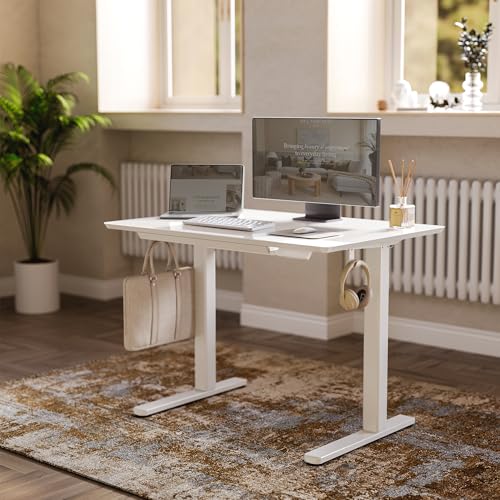 Claiks Glass Standing Desk with Drawers, 40×24 Inch Adjustable Stand Up Desk Quick Install Home Office Computer Desk, White Claiks