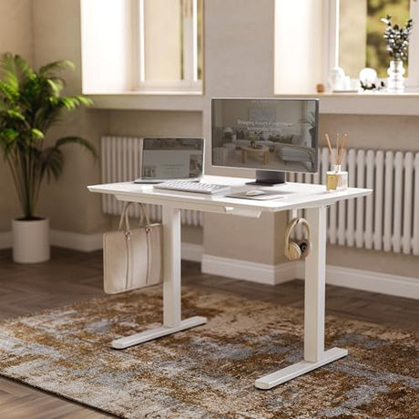Claiks Glass Standing Desk with Drawers, 40×24 Inch Adjustable Stand Up Desk Quick Install Home Office Computer Desk, White Claiks