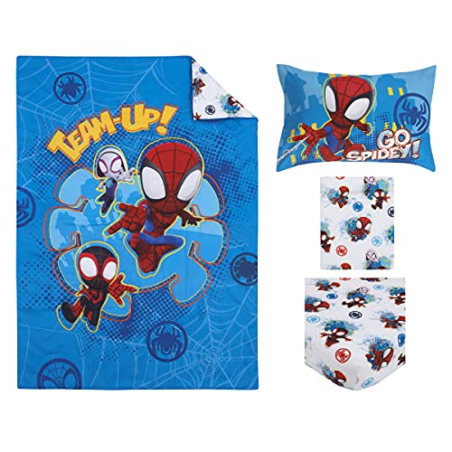 Disney Marvel Spidey and his Amazing Friends Spidey Team Red, White, and Blue 4 Piece Toddler Bed Set - Comforter, Fitted Bottom Sheet, Flat Top Sheet, and Reversible Pillowcase Disney