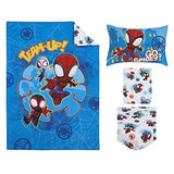 Disney Marvel Spidey and his Amazing Friends Spidey Team Red, White, and Blue 4 Piece Toddler Bed Set - Comforter, Fitted Bottom Sheet, Flat Top Sheet, and Reversible Pillowcase Disney