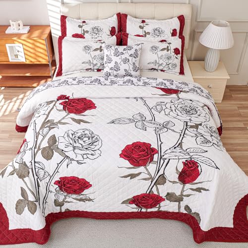EVENHUG Quilt King Size Red Rose Bedding Set Floral Bedspread Lightweight Reversible Bed Cover with 2 Pillow Shams for All Seasons 3 Pieces (106"X96") EVENHUG