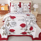 EVENHUG Quilt King Size Red Rose Bedding Set Floral Bedspread Lightweight Reversible Bed Cover with 2 Pillow Shams for All Seasons 3 Pieces (106"X96") EVENHUG