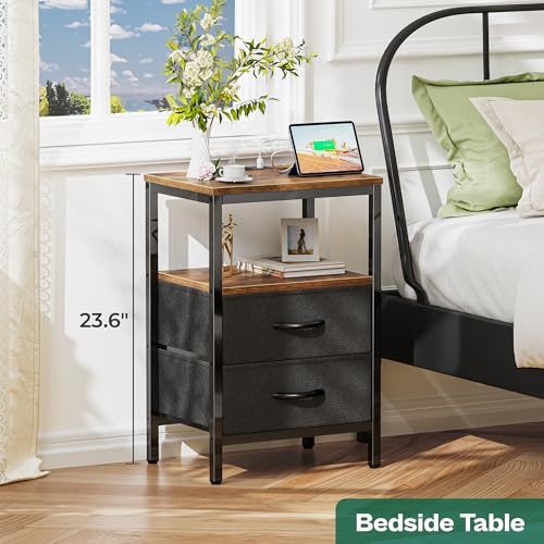 Huuger Nightstand with Charging Station, Side Table with Fabric Drawers, End Table with Open Shelf, Bedside Table with USB Ports and Outlets, Night Stand for Bedroom, Rustic Brown and Black Huuger