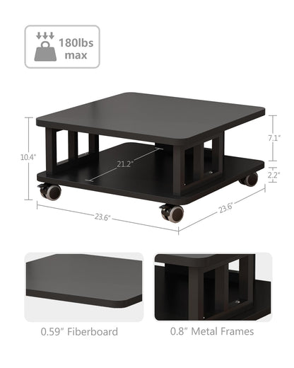 AOOSSI Mobile Printer Stand, 2-Tier Large Printer Shelf for Laser 3D Printer Office Machine with Storage, 23.6"x23.6" Wood Printer Cart Under Desk Rack with Wheels for Office Home Kitchen (Black)