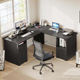YITAHOME L Shaped Desk with Power Outlets, 60 Inch Computer Desk Corner Desk with File Drawer, Home Office Desk with Monitor Stand & Storage Shelves, L-Shaped Desk with File Cabinet, Black YITAHOME