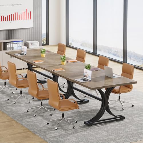 Tribesigns 10.5FT Conference Table, Modern Meeting Table for 8-10 People, Rectangle Seminar Boardroom Table for Office Conference Room (2, Gray+Black) - WoodArtSupply