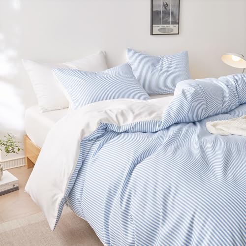 Wake In Cloud - Striped Comforter Set, Ticking Stripe Vertical Pinstripe Neutral Farmhouse Pattern Printed, Soft Lightweight Bedding, 3 Pieces, Blue White, Full Size Wake In Cloud