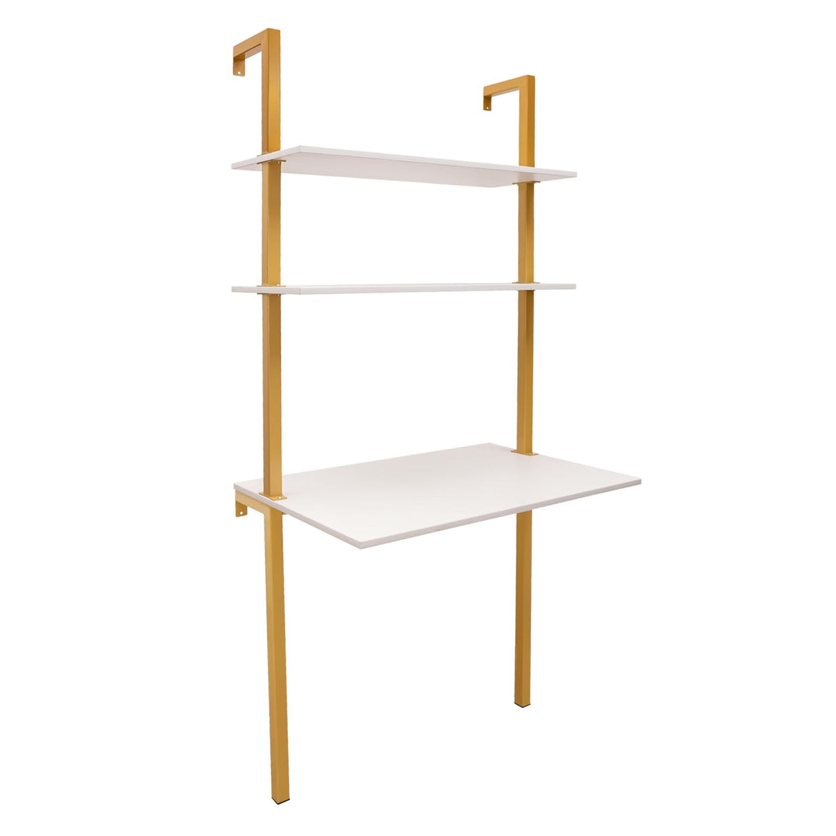 QIUTMER Wall Mount Desk 3 Tiers Wall Table Wall Mount Computer Writing Table Industrial Bookcase Desk Gold and White for Homes Office School QIUTMER